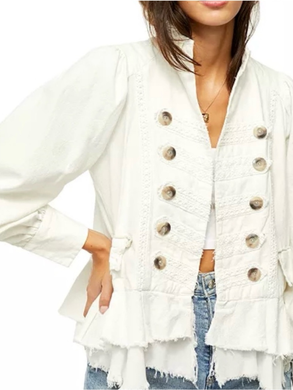 Free People White Embroidered Military Jacket